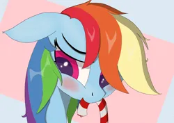 Size: 2286x1616 | Tagged: safe, artist:raritymylove, derpibooru import, rainbow dash, blushing, candy, candy cane, christmas, floppy ears, food, holiday, image, mouth hold, png, shy, solo