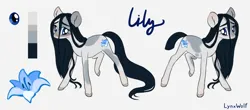 Size: 1280x565 | Tagged: safe, artist:lynxwolf, derpibooru import, oc, earth pony, pony, black mane, female, g4, image, long mane, long tail, mare, png, reference, reference sheet, spots, tail, white coat