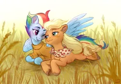 Size: 990x690 | Tagged: safe, artist:lynxwolf, derpibooru import, applejack, rainbow dash, earth pony, pegasus, pony, appledash, female, g4, image, lesbian, love, png, shipping