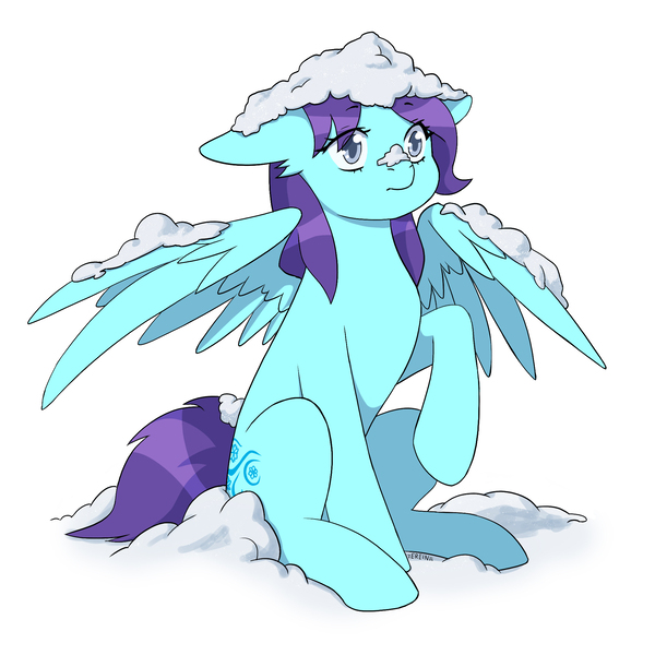 Size: 2000x2000 | Tagged: safe, artist:erein, derpibooru import, oc, oc:breeze, unofficial characters only, pegasus, pony, christmas, colored, commission, female, flat colors, floppy ears, gray eyes, happy, high res, holiday, image, jpeg, parents:canon x oc, pegasus oc, simple background, snow, solo, white background, wings, winter