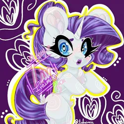 Size: 720x720 | Tagged: safe, artist:lery rada, rarity, pony, unicorn, abstract background, bipedal, eyebrows, female, heart eyes, huge ears, image, jpeg, lipstick, looking at you, mare, solo, wingding eyes