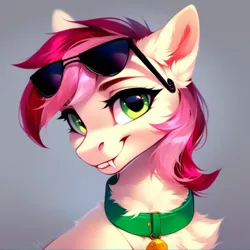 Size: 1024x1024 | Tagged: safe, ai content, derpibooru import, machine learning generated, prompter:doom9454, stable diffusion, roseluck, pony, bust, collar, cute, fangs, fluffy, generator:purplesmart.ai, image, pet tag, png, pony pet, portrait, rosepet, sunglasses, sunglasses on head