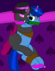 Size: 1300x1695 | Tagged: safe, artist:cardshark777, derpibooru import, oc, oc:card shark, oc:emerald, unofficial characters only, changeling, pony, cuddling, digital art, feather, hat, helpless, hoof tickling, hooves behind back, horn, horn ring, hug, hug from behind, image, jewelry, looking at each other, looking at someone, looking back, magic suppression, male, male oc, png, ring, smiling, stallion, tickling