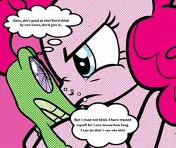 Size: 869x732 | Tagged: safe, derpibooru import, gummy, pinkie pie, my little pony: the movie, cropped, image, jpeg, poster, staring contest, thought bubble