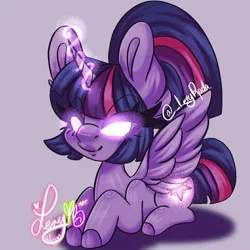 Size: 1080x1080 | Tagged: safe, artist:lery rada, twilight sparkle, twilight sparkle (alicorn), alicorn, pony, alternate hairstyle, female, glowing cutie mark, glowing eyes, glowing horn, horn, huge ears, image, jpeg, mare, ponytail, prone, short tail, simple background, smiling, solo, tail