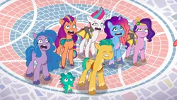 Size: 3072x1727 | Tagged: safe, derpibooru import, screencap, hitch trailblazer, izzy moonbow, pipp petals, sparky sparkeroni, sunny starscout, zipp storm, dragon, earth pony, pegasus, pony, unicorn, g5, my little pony: tell your tale, spoiler:g5, spoiler:my little pony: tell your tale, spoiler:tyts02e03, applejack (g5), baby, baby dragon, cake dragon, crystal brighthouse, eyes closed, female, fluttershy (g5), image, jpeg, lip bite, male, mane five, mane six (g5), mane stripe sunny, mare, misty brightdawn, open mouth, papa hitch, pinkie pie (g5), rainbow dash (g5), rarity (g5), rebirth misty, royal sisters (g5), siblings, sisters, stallion, twilight sparkle (g5)