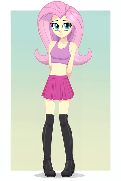 Size: 1536x2304 | Tagged: safe, ai content, derpibooru import, machine learning generated, prompter:regardedm8, fluttershy, human, equestria girls, boots, bra, breasts, clothes, crop top bra, full body, hands behind back, image, looking at you, png, reasonably sized breasts, shoes, skirt, solo, underwear, yellow skin