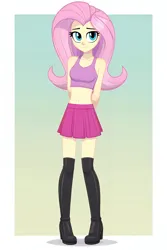 Size: 1536x2304 | Tagged: safe, ai content, derpibooru import, machine learning generated, prompter:regardedm8, fluttershy, human, equestria girls, boots, bra, breasts, clothes, crop top bra, full body, hands behind back, image, looking at you, png, reasonably sized breasts, shoes, skirt, solo, underwear, yellow skin