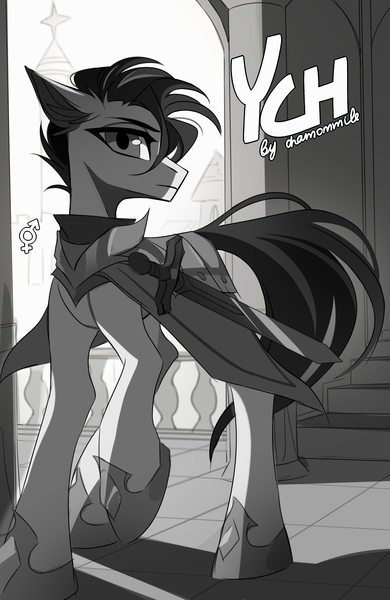 Size: 2600x4000 | Tagged: safe, derpibooru import, oc, unofficial characters only, pony, any gender, any race, any species, armor, armored pony, commission, guard, image, knife, looking at something, png, royal guard, royalty, solo, tail, weapon, window, windswept tail, your character here