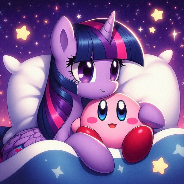 Size: 1024x1024 | Tagged: safe, ai content, derpibooru import, machine learning generated, prompter:gaminglover1992, twilight sparkle, twilight sparkle (alicorn), alicorn, cuddling, cute, g4, generator:bing image creator, hug, image, jpeg, kirby, kirby (series), nintendo, pillow, wrong cutie mark