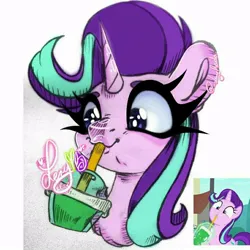 Size: 720x720 | Tagged: safe, artist:lery rada, starlight glimmer, pony, unicorn, bust, cute, drinking straw, female, glimmerbetes, image, jpeg, looking down, mare, portrait, screencap reference, simple background, smoothie, solo, white background