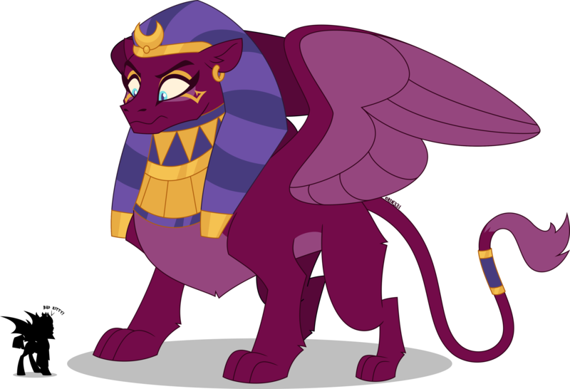 Size: 4000x2729 | Tagged: safe, artist:orin331, derpibooru import, somnambula, sphinx (character), bat pony, pony, sphinx, g4, image, jewelry, leonine tail, png, redesign, regalia, silhouette, simple background, size difference, tail, transparent background, wings