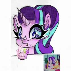 Size: 1080x1080 | Tagged: safe, artist:lery rada, starlight glimmer, pony, unicorn, bust, cute, female, food on face, glimmerbetes, image, jpeg, looking at you, mare, puffy cheeks, simple background, solo, table, white background