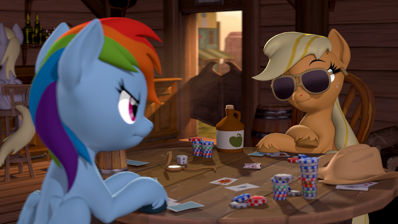 Size: 3840x2160 | Tagged: safe, artist:owlpirate, derpibooru import, applejack, derpy hooves, rainbow dash, earth pony, pegasus, pony, 3d, 4k, cider, crossed hooves, duo focus, female, frown, furrowed brow, g4, hat off, high res, image, jug, mare, offscreen character, playing card, png, pocket watch, poker, poker chips, saloon, sitting, smiling, smirk, source filmmaker, sunglasses