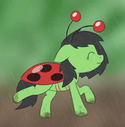 Size: 1390x1421 | Tagged: safe, artist:craftycirclepony, derpibooru import, oc, oc:anonfilly, unofficial characters only, insect, ladybug, pony, clothes, costume, cute, eyes closed, female, filly, foal, happy, image, mud, outdoors, png, rain, smiling, solo