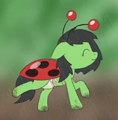 Size: 1390x1421 | Tagged: questionable, alternate version, artist:craftycirclepony, derpibooru import, ponerpics import, ponybooru import, oc, oc:anonfilly, unofficial characters only, insect, ladybug, pony, clothes, costume, cute, diaper, diaper fetish, eyes closed, female, fetish, filly, foal, happy, image, mud, non-baby in diaper, outdoors, png, rain, smiling, solo, urine, wet diaper