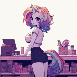 Size: 1024x1024 | Tagged: safe, ai content, derpibooru import, machine learning generated, part of a set, oc, unofficial characters only, anthro, unicorn, adorasexy, beautiful, big breasts, breasts, busty oc, cash register, clothes, counter, cute, female, horn, human to anthro, image, implied transformation, implied transgender transformation, looking at you, looking back, looking back at you, not rarity, open mouth, part of a series, png, prompter:horselover fat, rear view, sexy, short shirt, shorts, side view, sideboob, simple background, solo, store, toy store, unicorn oc, white background, white shirt