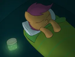 Size: 2000x1500 | Tagged: safe, artist:craftycirclepony, derpibooru import, scootaloo, firefly (insect), insect, pegasus, pony, camping, cute, eyes closed, female, filly, foal, hooves to the chest, image, jar, night, pillow, png, sleeping, sleeping bag, solo, tent