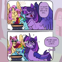Size: 2000x2000 | Tagged: safe, artist:channydraws, derpibooru import, fluttershy, rainbow dash, twilight sparkle, twilight sparkle (alicorn), alicorn, pegasus, pony, 2 panel comic, behaving like a bird, bird seed, comic, dialogue, eating, eyeshadow, female, floppy ears, flower, flower in hair, glasses, grin, image, makeup, mare, png, smiling, sparkles, speech bubble, trio