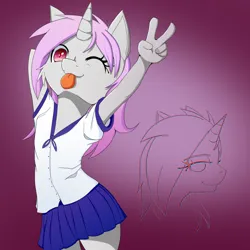 Size: 1000x1000 | Tagged: safe, artist:fajnyziomal, derpibooru import, oc, oc:purple light, anthro, pony, unicorn, clothes, female, filly, foal, image, one eye closed, png, shirt, skirt, solo, tongue out, wink