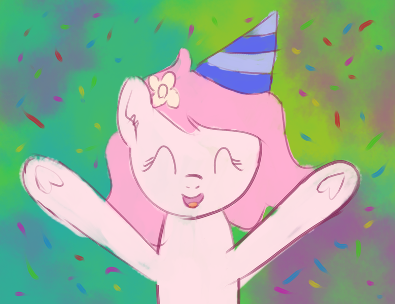 Size: 1146x883 | Tagged: safe, artist:craftycirclepony, derpibooru import, oc, oc:kayla, unofficial characters only, earth pony, pony, confetti, cute, eyes closed, female, filly, flower, flower in hair, foal, happy, hat, image, open mouth, party hat, png, raised leg, smiling, solo, underhoof