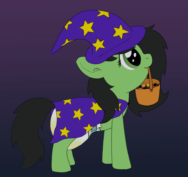 Size: 1597x1500 | Tagged: questionable, artist:craftycirclepony, derpibooru import, oc, oc:anonfilly, unofficial characters only, earth pony, pony, bucket, candy, clothes, costume, cute, diaper, diaper fetish, female, fetish, filly, food, halloween, happy, hat, holiday, image, mouth hold, nightmare night, non-baby in diaper, png, smiling, solo, tail, tail wag, trick or treat, urine, wet diaper, wizard hat, wizard robe
