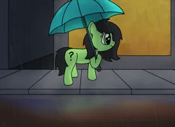 Size: 1891x1380 | Tagged: safe, artist:craftycirclepony, derpibooru import, oc, oc:anonfilly, unofficial characters only, earth pony, pony, alley, female, filly, foal, image, png, puddle, rain, reflection, sidewalk, smiling, solo, umbrella, window