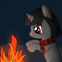 Size: 1189x1188 | Tagged: safe, artist:craftycirclepony, derpibooru import, oc, oc:ada, unofficial characters only, pony, unicorn, campfire, clothes, d'lirium, female, fire, image, mare, night, png, raised leg, scarf, solo, wavy mouth