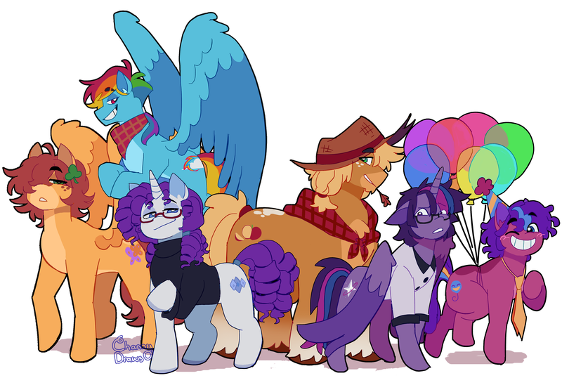 Size: 4258x2864 | Tagged: safe, artist:channydraws, derpibooru import, applejack, fluttershy, pinkie pie, rainbow dash, rarity, twilight sparkle, pony, alternate design, applejack (male), balloon, bean mouth, blush scribble, bubble berry, butterscotch, clothes, dusk shine, elusive, glasses, grin, image, male, male six, mane six, png, rainbow blitz, rule 63, shamrock, simple background, smiling, straw in mouth, sweater, twitterina design, white background