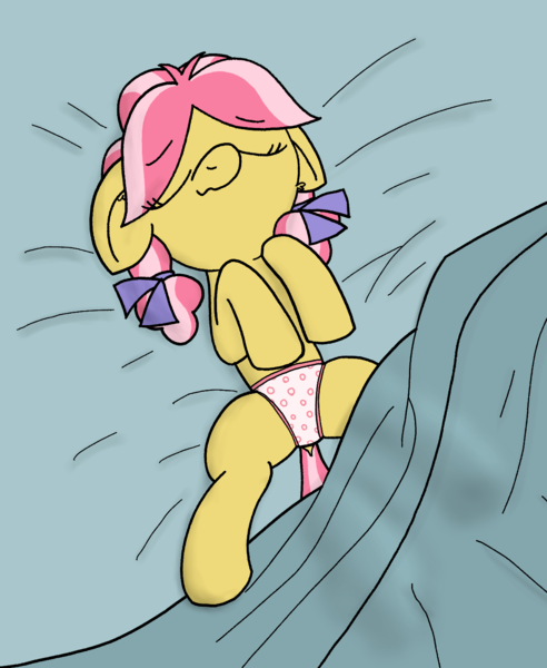Size: 1178x1436 | Tagged: safe, artist:craftycirclepony, derpibooru import, kettle corn, earth pony, pony, bed, blanket, circle, clothes, cute, dock, female, filly, floppy ears, foal, hooves to the chest, image, panties, png, sleeping, solo, spread legs, spreading, tail, underwear