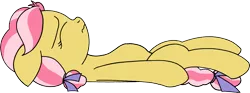 Size: 1576x587 | Tagged: safe, artist:craftycirclepony, derpibooru import, kettle corn, earth pony, pony, bow, female, filly, foal, frown, hair bow, image, lidded eyes, lying down, png, solo, stuffed belly, wavy mouth
