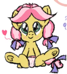 Size: 421x470 | Tagged: suggestive, artist:craftycirclepony, derpibooru import, kettle corn, earth pony, pony, blushing, bow, clothes, cute, female, filly, foal, hair bow, heart, image, panties, png, sitting, underhoof, underwear