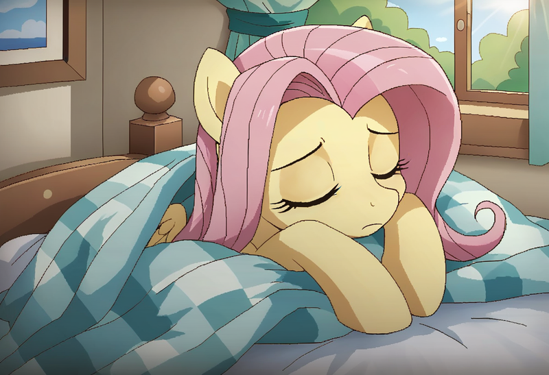 Size: 1216x832 | Tagged: safe, ai content, derpibooru import, machine learning generated, stable diffusion, fluttershy, pegasus, pony, g4, bed, generator:purplesmart.ai, image, indoors, png, prompter:craft, sleeping