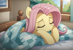 Size: 1216x832 | Tagged: safe, ai content, derpibooru import, machine learning generated, stable diffusion, fluttershy, pegasus, pony, bed, g4, generator:purplesmart.ai, image, indoors, png, sleeping