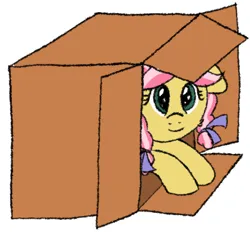 Size: 1166x1084 | Tagged: safe, artist:craftycirclepony, derpibooru import, kettle corn, pony, bow, box, cardboard box, cute, female, filly, foal, hair bow, hiding, image, lying down, png, smiling, solo