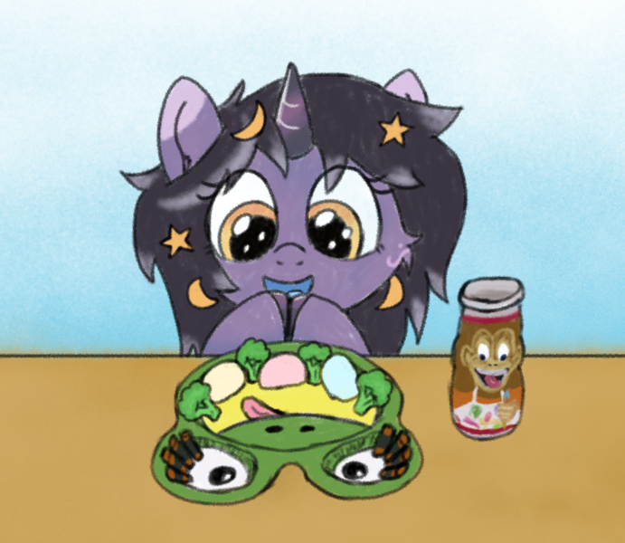 Size: 1436x1246 | Tagged: safe, artist:craftycirclepony, derpibooru import, oc, oc:rivibaes, unofficial characters only, pony, unicorn, broccoli, cute, danimals, excited, female, filly, foal, food, hair accessory, hoof tapping, image, mochi, nori maki, open mouth, plate, png, smiling, snacks, solo, table, yogurt, zoo pals