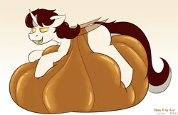 Size: 2265x1472 | Tagged: suggestive, artist:triksa, derpibooru import, oc, oc:biepbot, unofficial characters only, changeling, belly, belly bed, big belly, bulges, changeling oc, happy, huge belly, image, implied death, implied digestion, impossibly large belly, png, present, simple background, vore