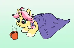 Size: 1272x834 | Tagged: safe, artist:craftycirclepony, derpibooru import, oc, oc:crafty circles, unofficial characters only, pony, unicorn, blanket, bow, chocolate, coat markings, cute, female, filly, foal, food, freckles, hair bow, hot chocolate, image, lying down, mug, png, prone, smiling, socks (coat marking)