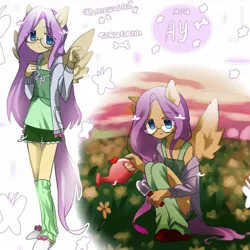 Size: 1280x1280 | Tagged: source needed, safe, alternate version, artist:torugann, derpibooru import, fluttershy, human, pegasus, bow, clothes, cyrillic, flower, gaiters, garden trowel, humanized, image, jpeg, long hair, looking at you, shirt, shorts, signature, slippers, solo, sweater, sweatershy, text, trowel, watering can, wings