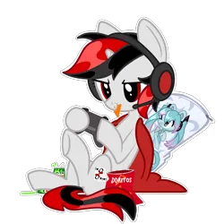 Size: 2619x2619 | Tagged: safe, artist:blurry-kun, edit, oc, oc:blackjack, unofficial characters only, pony, unicorn, fallout equestria, fallout equestria: project horizons, body pillow, chips, commission, controller, cute, doritos, eating, fanfic art, female, food, gaming, gaming headset, headset, high res, horn, image, mare, mountain dew, outline, png, simple background, small horn, soda can, solo, transparent background, unicorn oc, ych result