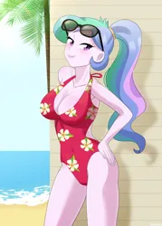 Size: 750x1050 | Tagged: suggestive, artist:riouku, derpibooru import, princess celestia, human, equestria girls, 2d, beach, belly button, breasts, busty princess celestia, cleavage, clothes, female, flower, flower bikini, g4, hand on hip, image, jpeg, legs, looking at you, midriff, ocean, outdoors, palm tree, ponytail, principal celestia, sky, smiling, smiling at you, solo, sunglasses, swimsuit, thighs, tree, wall, water