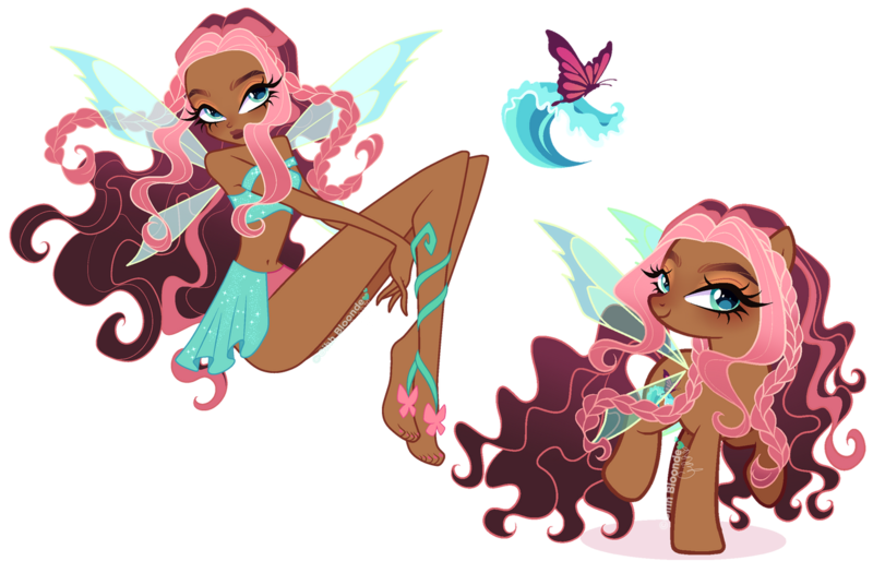 Size: 1280x840 | Tagged: safe, artist:gihhbloonde, derpibooru import, fluttershy, human, pony, equestria girls, aisha, bare midriff, barefoot, belly button, braid, closed mouth, clothes, crossover fusion, eyeshadow, fairy wings, feet, female, floating, fusion, g4, gradient hair, gradient mane, gradient tail, image, lightly watermarked, makeup, mare, moderate dark skin, nail polish, off shoulder, png, raised hoof, simple background, smiling, sparkly, spread wings, standing on two hooves, tail, transparent background, transparent wings, turned head, watermark, wings, winx club