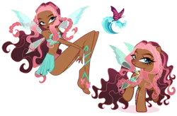 Size: 1280x840 | Tagged: safe, artist:gihhbloonde, derpibooru import, fluttershy, human, pony, equestria girls, aisha, bare midriff, barefoot, belly button, braid, closed mouth, clothes, crossover fusion, eyeshadow, fairy wings, feet, female, floating, fusion, g4, gradient hair, gradient mane, gradient tail, image, lightly watermarked, makeup, mare, moderate dark skin, nail polish, off shoulder, png, raised hoof, simple background, smiling, sparkly, spread wings, standing on two hooves, tail, transparent background, transparent wings, turned head, watermark, wings, winx club