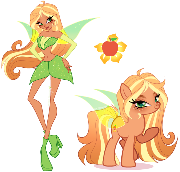 Size: 2668x2559 | Tagged: safe, artist:gihhbloonde, derpibooru import, applejack, human, pony, equestria girls, bare midriff, belly button, boots, closed mouth, clothes, crossover fusion, detatched sleeves, fairy wings, female, flora (winx club), freckles, fusion, g4, gradient hair, gradient mane, gradient tail, green eyes, hand on hip, high heels, image, lightly watermarked, looking at you, mare, off shoulder, png, raised hoof, shoes, simple background, skirt, smiling, sparkly, sparkly wings, spread wings, standing, tail, transparent background, transparent wings, watermark, wings, winx club