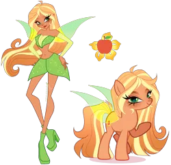 Size: 2668x2559 | Tagged: safe, artist:gihhbloonde, derpibooru import, applejack, human, pony, equestria girls, bare midriff, belly button, boots, closed mouth, clothes, crossover fusion, detatched sleeves, fairy wings, female, flora (winx club), freckles, fusion, g4, gradient hair, gradient mane, gradient tail, green eyes, hand on hip, high heels, image, lightly watermarked, looking at you, mare, off shoulder, png, raised hoof, shoes, simple background, skirt, smiling, sparkly, sparkly wings, spread wings, standing, tail, transparent background, transparent wings, watermark, wings, winx club
