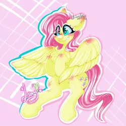 Size: 1080x1080 | Tagged: safe, artist:lery rada, fluttershy, pegasus, pony, abstract background, blushing, chest fluff, cutie mark, female, flying, grin, image, jpeg, mare, smiling, solo, tail