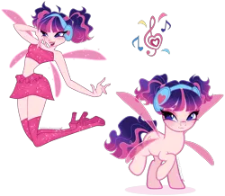 Size: 2860x2495 | Tagged: safe, artist:gihhbloonde, derpibooru import, pinkie pie, human, pony, equestria girls, boots, closed mouth, clothes, crossover fusion, eyeshadow, fairy wings, female, floating, fusion, g4, gradient hair, gradient mane, gradient tail, headphones, image, lightly watermarked, makeup, mare, musa, open mouth, open smile, pigtails, png, raised hoof, shoes, simple background, skirt, smiling, sparkly wings, standing, standing on two hooves, tail, transparent background, transparent wings, tube top, watermark, wings, winx club