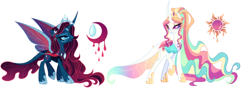 Size: 4656x1702 | Tagged: safe, artist:gihhbloonde, derpibooru import, oc, unnamed oc, unofficial characters only, changedling, changeling, changepony, hybrid, pony, blue sclera, changedling oc, changeling oc, colored sclera, cousins, crown, duo, ethereal mane, eyeshadow, female, folded wings, frown, g4, gradient mane, gradient tail, grin, hoof shoes, horn, horn ring, image, interspecies offspring, jewelry, lightly watermarked, long mane, long tail, magenta eyes, makeup, mare, not celestia, not luna, offspring, open mouth, parent:pharynx, parent:princess celestia, parent:princess luna, parent:thorax, parents:lunarynx, parents:thoralestia, pink sclera, png, ponytail, princess shoes, raised hoof, regalia, ring, siblings, sisters, smiling, sparkly mane, sparkly tail, sparkly wings, spread wings, standing, tail, teal eyes, transparent wings, turned head, watermark, wings