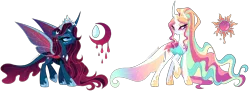 Size: 4656x1702 | Tagged: safe, artist:gihhbloonde, derpibooru import, oc, unnamed oc, unofficial characters only, changedling, changeling, changepony, hybrid, pony, blue sclera, changedling oc, changeling oc, colored sclera, cousins, crown, duo, ethereal mane, eyeshadow, female, folded wings, frown, g4, gradient mane, gradient tail, grin, hoof shoes, horn, horn ring, image, interspecies offspring, jewelry, lightly watermarked, long mane, long tail, magenta eyes, makeup, mare, not celestia, not luna, offspring, open mouth, parent:pharynx, parent:princess celestia, parent:princess luna, parent:thorax, parents:lunarynx, parents:thoralestia, pink sclera, png, ponytail, princess shoes, raised hoof, regalia, ring, siblings, sisters, smiling, sparkly mane, sparkly tail, sparkly wings, spread wings, standing, tail, teal eyes, transparent wings, turned head, watermark, wings