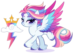 Size: 2609x1921 | Tagged: safe, artist:gihhbloonde, derpibooru import, oc, unnamed oc, unofficial characters only, pegasus, pony, closed mouth, colored hooves, colored wings, eyeshadow, female, g4, gradient wings, image, implied g5, lavender eyes, lidded eyes, lightly watermarked, magical lesbian spawn, makeup, mare, multicolored hair, multicolored wings, offspring, parent:rainbow dash, parent:zipp storm, parents:zippdash, png, purple eyes, rainbow hair, rainbow wings, raised hoof, smiling, solo, spread wings, unshorn fetlocks, watermark, wings